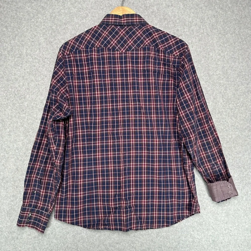 Banana Republic Mens Slim Fit Western Plaid Snap Front Shirt Navy Burgundy Large
